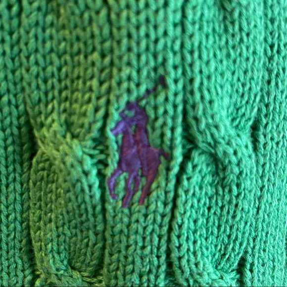 RALPH LAUREN Classic Green Cable Knit V-Neck Sweater Purple Polo Pony Sz XL NEW! - Picture 2 of 12